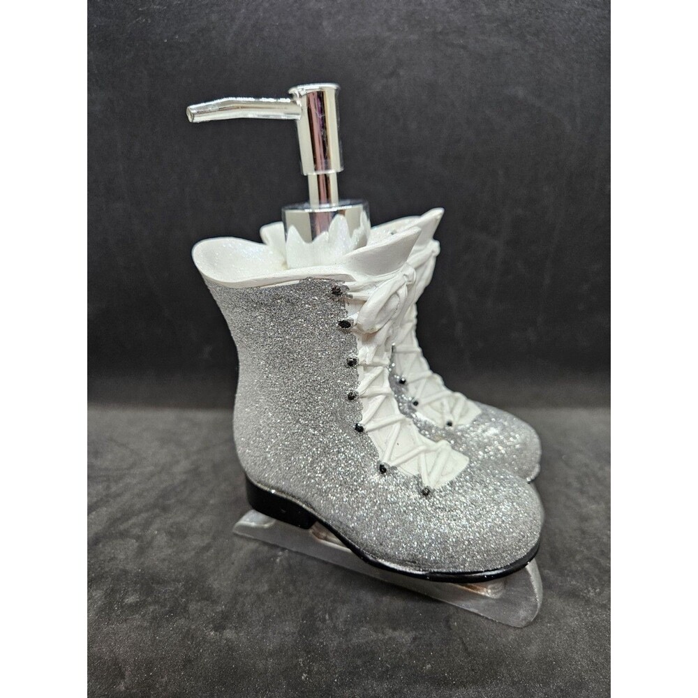 SILVER GLITTERY RESIN ICE SKATE,BOOT+SILVER PUMP KITCHEN,BATHROOM SOAP DISPENSER